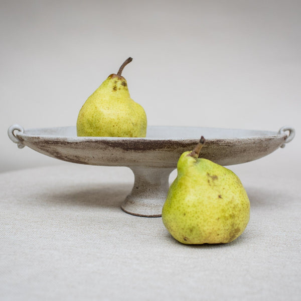 Oval Pedestal Dish with Tiny Handles - White Wash over Brown Clay
