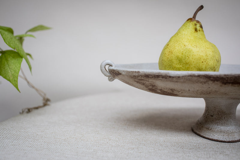 Oval Pedestal Dish with Tiny Handles - White Wash over Brown Clay