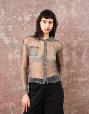 Round Collar Silk Organza Button Up - Gray