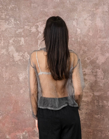 Round Collar Silk Organza Button Up - Gray