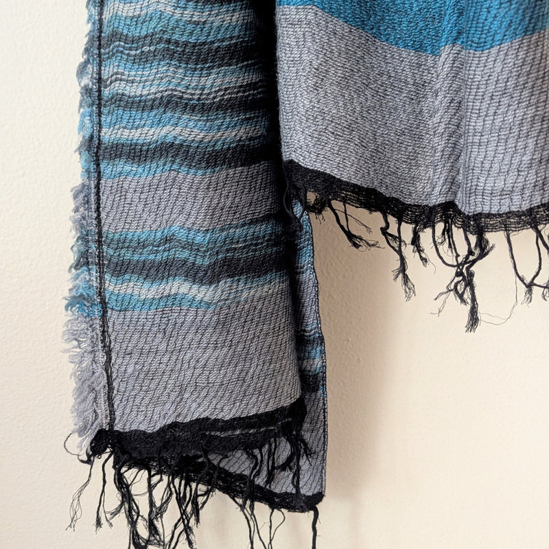 Japanese Extra Soft Woven Wool Cotton Scarf - Medium - Teal, Grey, and Black