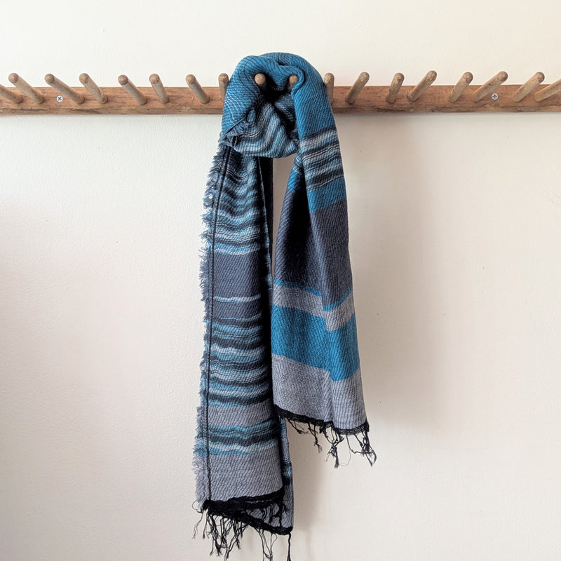 Japanese Extra Soft Woven Wool Cotton Scarf - Medium - Teal, Grey, and Black