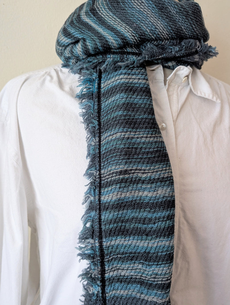Japanese Extra Soft Woven Wool Cotton Scarf - Medium - Teal, Grey, and Black