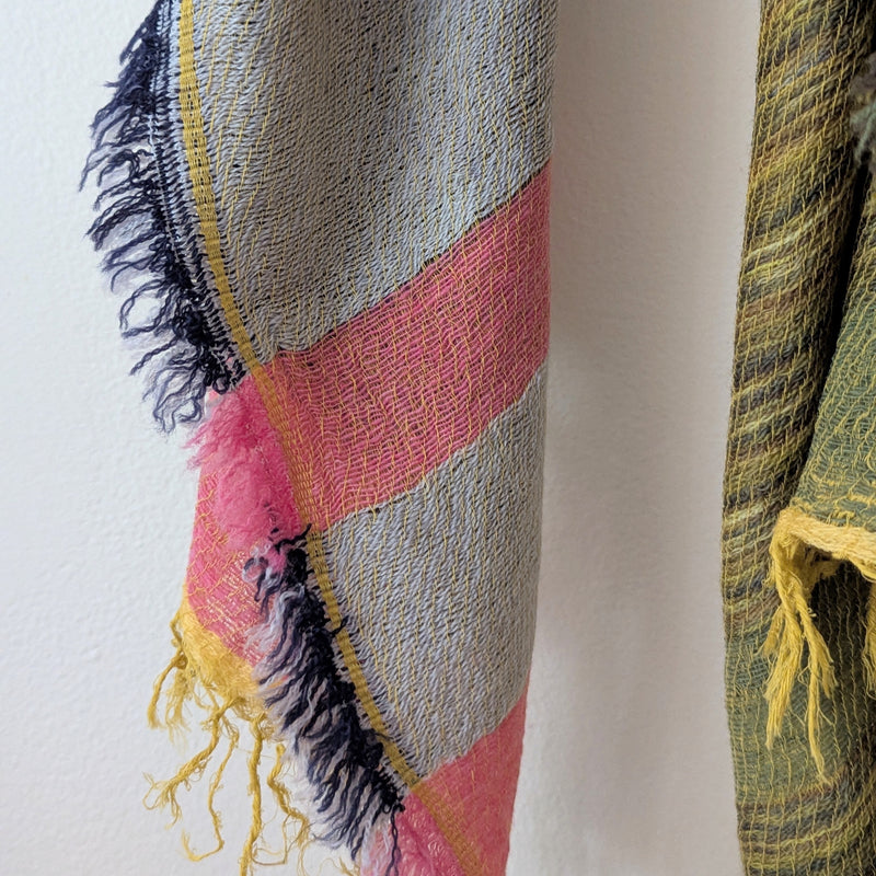 Japanese Extra Soft Woven Wool Cotton Scarf - Medium - Coral, Ochre, Navy, and Green