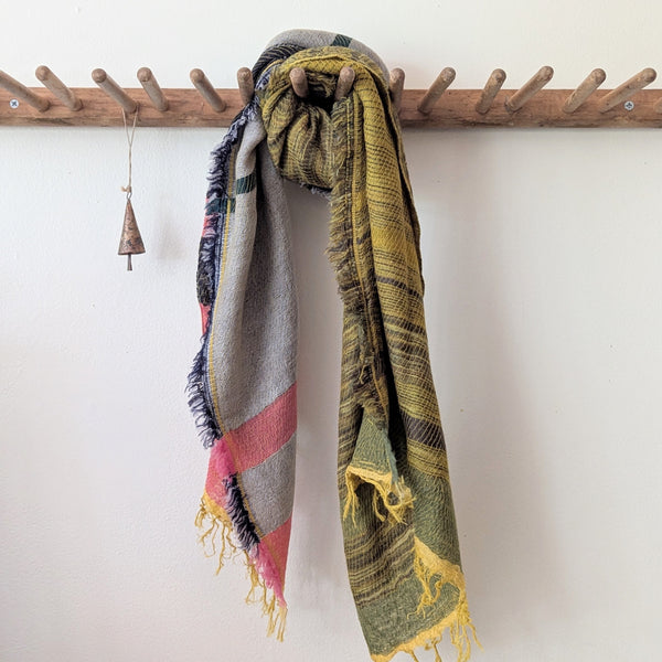 Japanese Extra Soft Woven Wool Cotton Scarf - Medium - Coral, Ochre, Navy, and Green