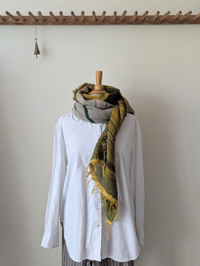 Japanese Extra Soft Woven Wool Cotton Scarf - Medium - Coral, Ochre, Navy, and Green