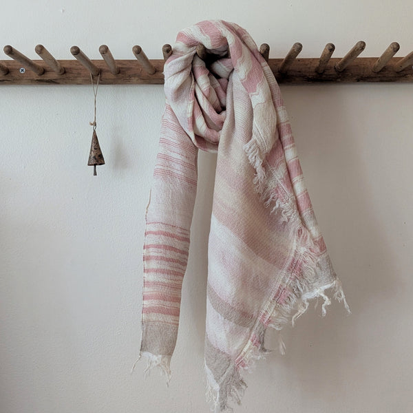 Japanese Extra Soft Woven Wool Cotton Scarf - Medium - Seashell Pink and Ivory
