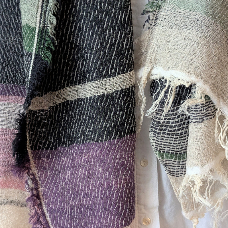Japanese Extra Soft Woven Wool Cotton Scarf - Medium -Navy, Ivory, Mulberry, and Green