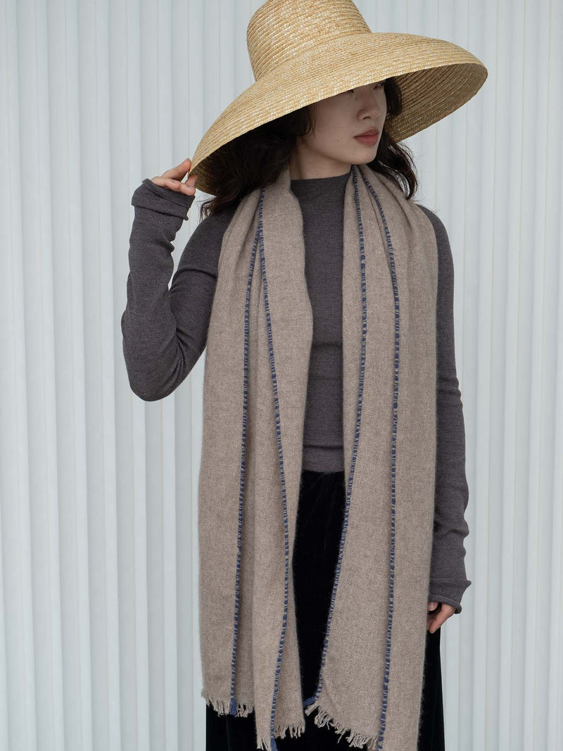 Weaver Cashmere Scarf - Beige with Navy Border