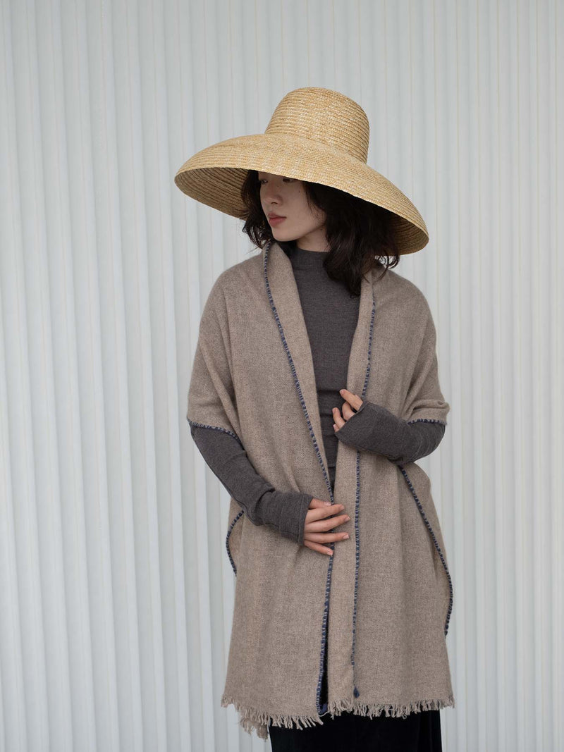Weaver Cashmere Scarf - Beige with Navy Border