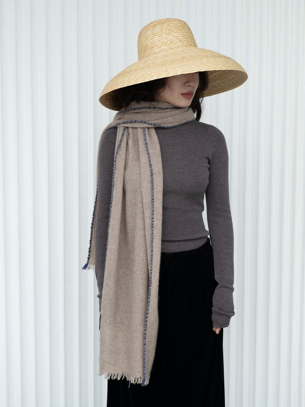 Weaver Cashmere Scarf - Beige with Navy Border