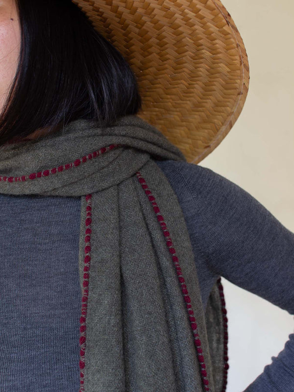 Weaver Cashmere Scarf - Oakmoss Green with Wine Border