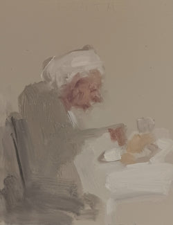 Donna Festa Woman Eating Oil Painting Small Portrait on wood local artwork shop Bangor Maine Boston gallery sowa boutique gift store