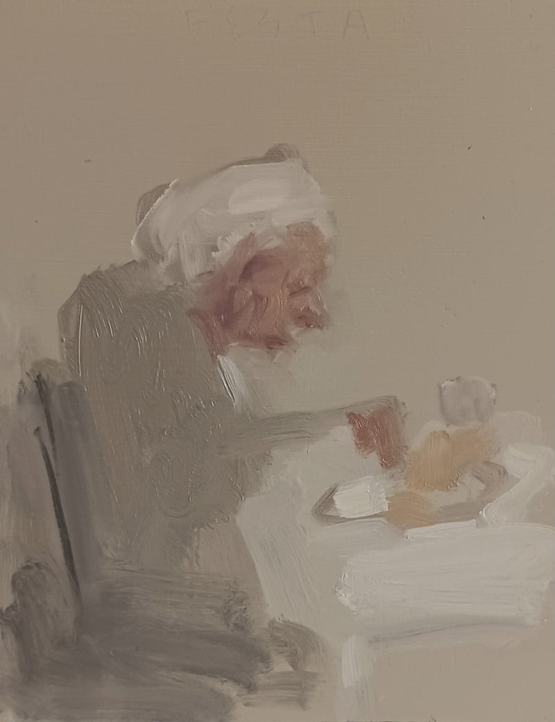 Donna Festa Woman Eating Oil Painting Small Portrait on wood local artwork shop Bangor Maine Boston gallery sowa boutique gift store