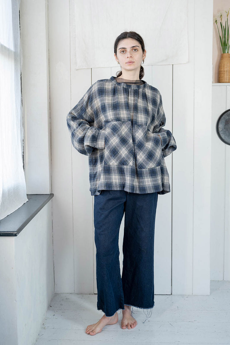 Navy plaid oversized shirt Sula clothing Small batch fashion apparel designer Boston boutique gift shop small business sowa 