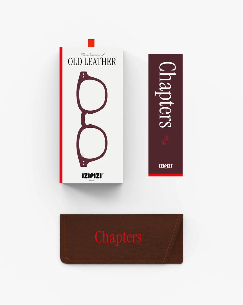 IZIPIZI Old Leather Chapters eyeglasses packaging with brown case on a white background