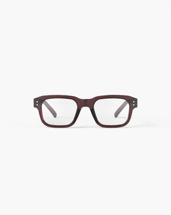 Brown rectangular eyeglasses on a white background