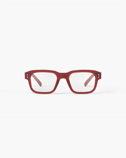 Red rectangular eyeglasses on a white background