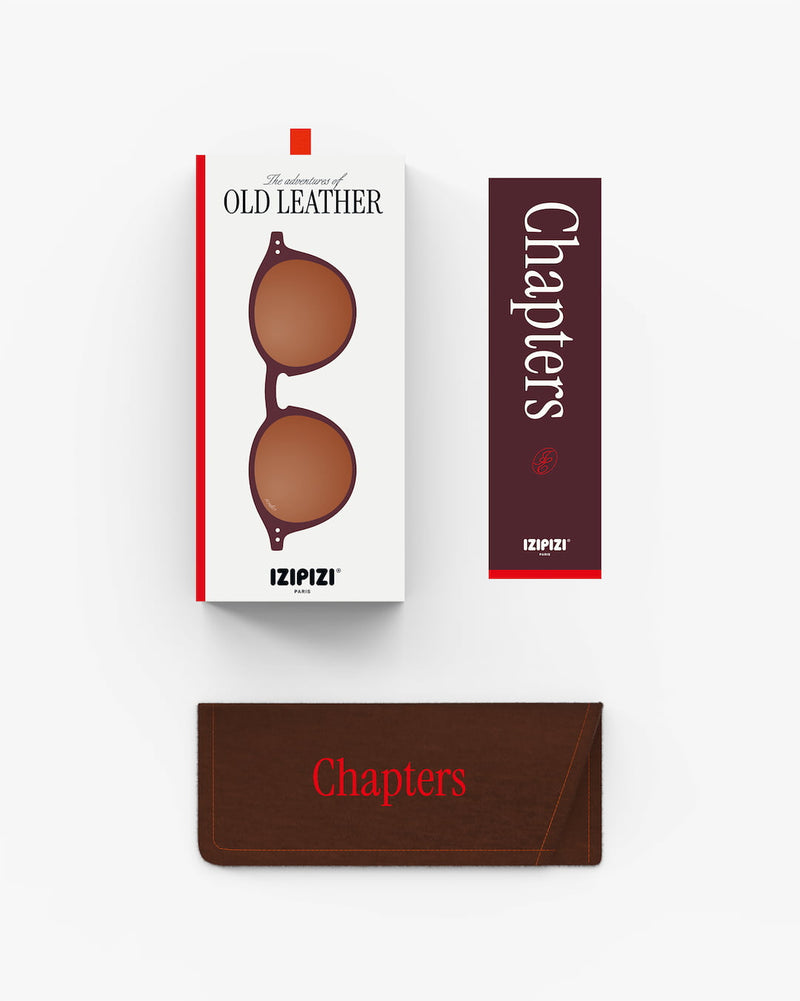 IZIPIZI sunglasses packaging with 'Old Leather' design on a white background
