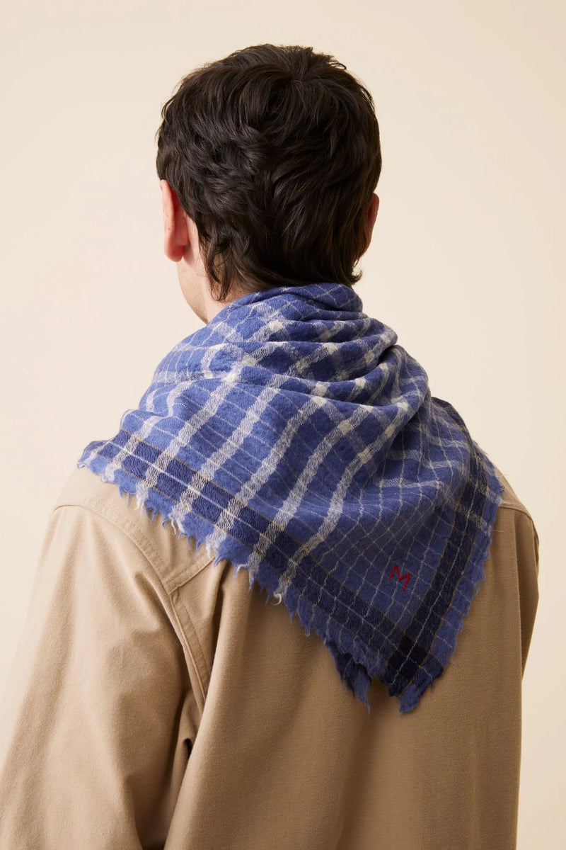 Moismont Floulard 744 Wool Plaid Square Denim Blue White Unisex France India Handmade Woven Scarf Sowa Boutique Gift Store Shop Boston 