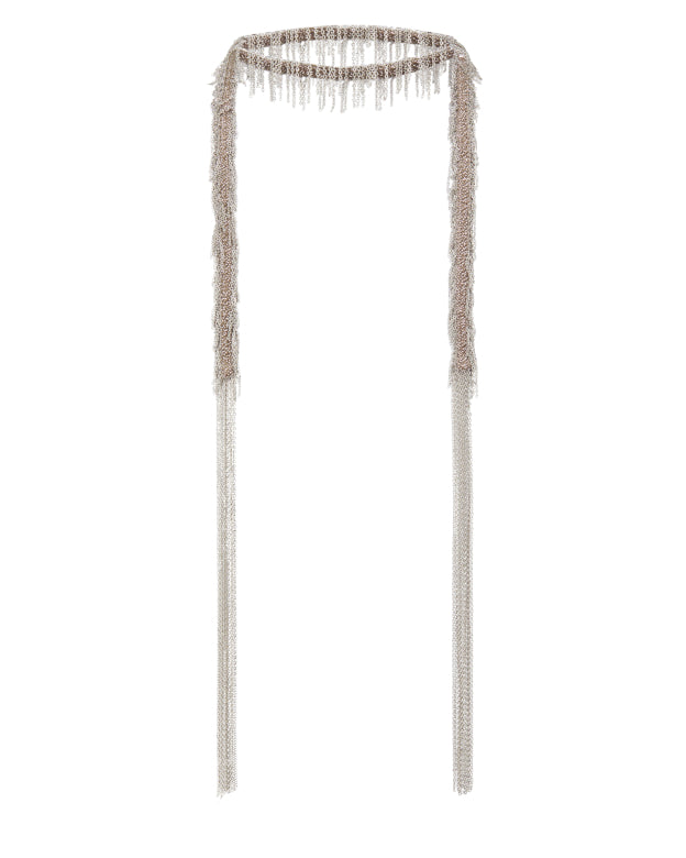Long Scarf Necklace - White Bronze Fringe
