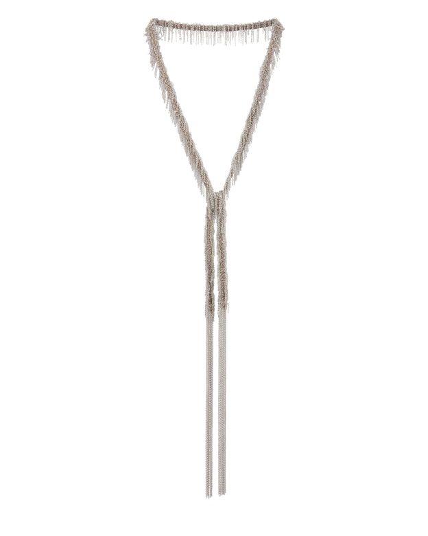 Long Scarf Necklace - White Bronze Fringe