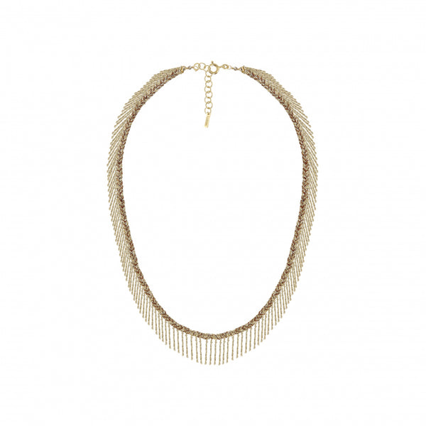 Gold fringe necklace on a white background