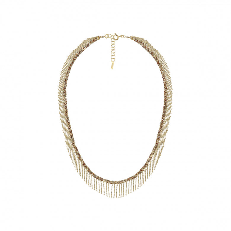 Gold fringe necklace on a white background