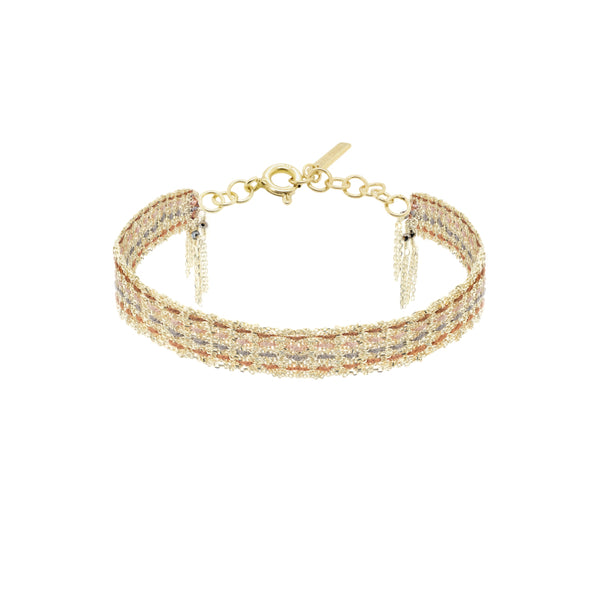 Gold bracelet with clear stones on a white background
