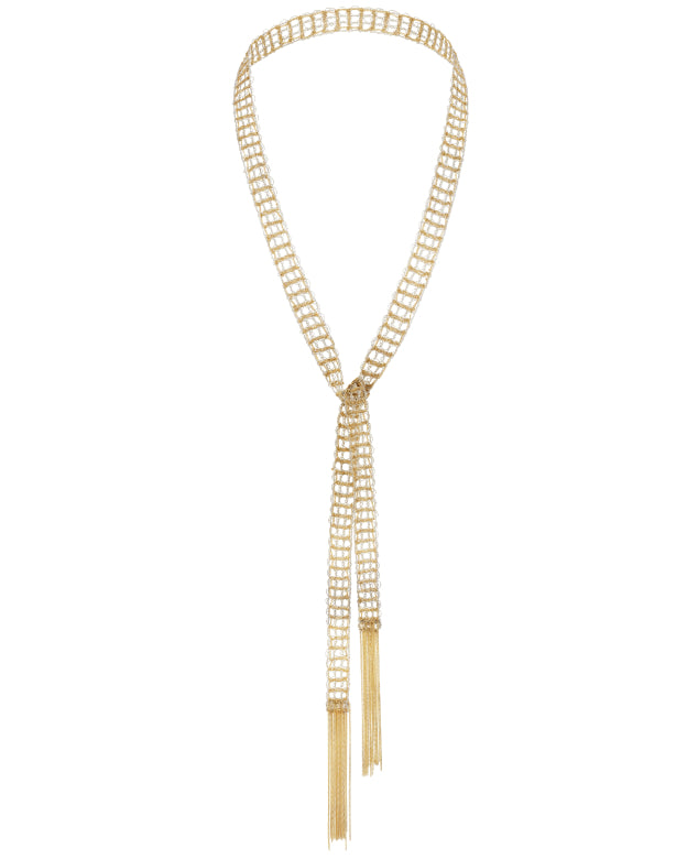 Gold chain necklace with tassel on a white background