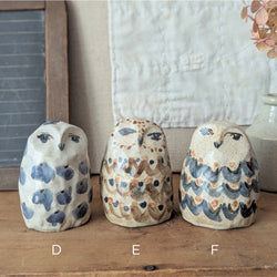 Three ceramic owl figurines with blue and brown painted patterns on a wooden surface.

Charlotte Salt handmade and hand-painted ceramic animal sculptures figurines sowa Boston small business gift shop boutique store