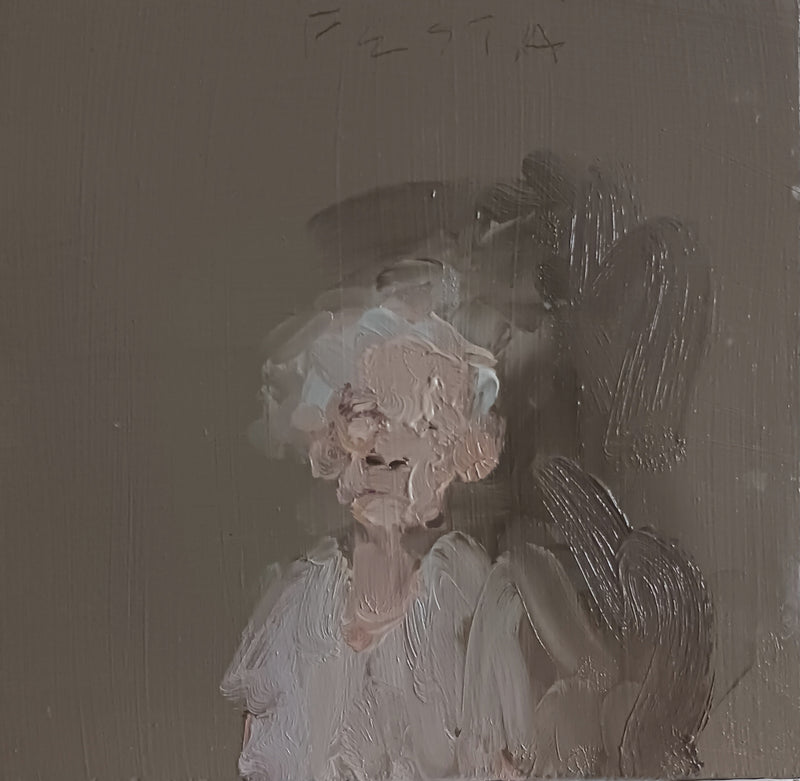 Donna Festa Quiet Thoughts Oil Painting Small Portrait on wood local artwork shop Bangor Maine Boston gallery sowa boutique gift store