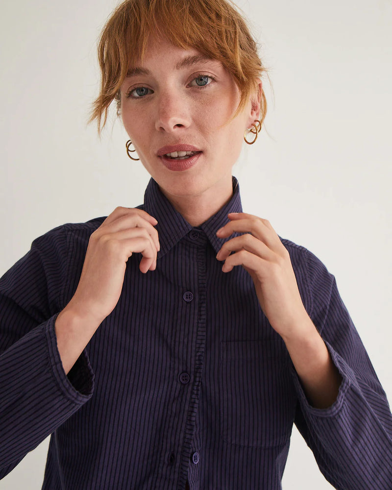 pencil stripe dress shirt Slim-Fit Spread Collar Dress Shirt in Sky Pencil Stripe Poplin