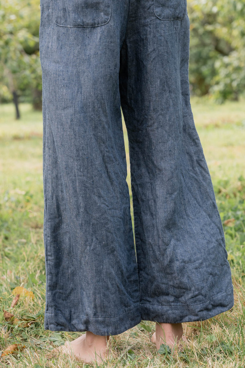 Sula clothing linen denim pants trouser jeans slouchy wide leg baggy drop crotch Small batch fashion apparel designer Boston boutique gift shop small business sowa 