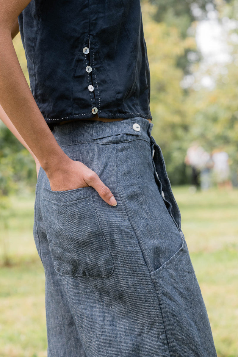 Sula clothing linen denim pants trouser jeans slouchy wide leg baggy drop crotch Small batch fashion apparel designer Boston boutique gift shop small business sowa 