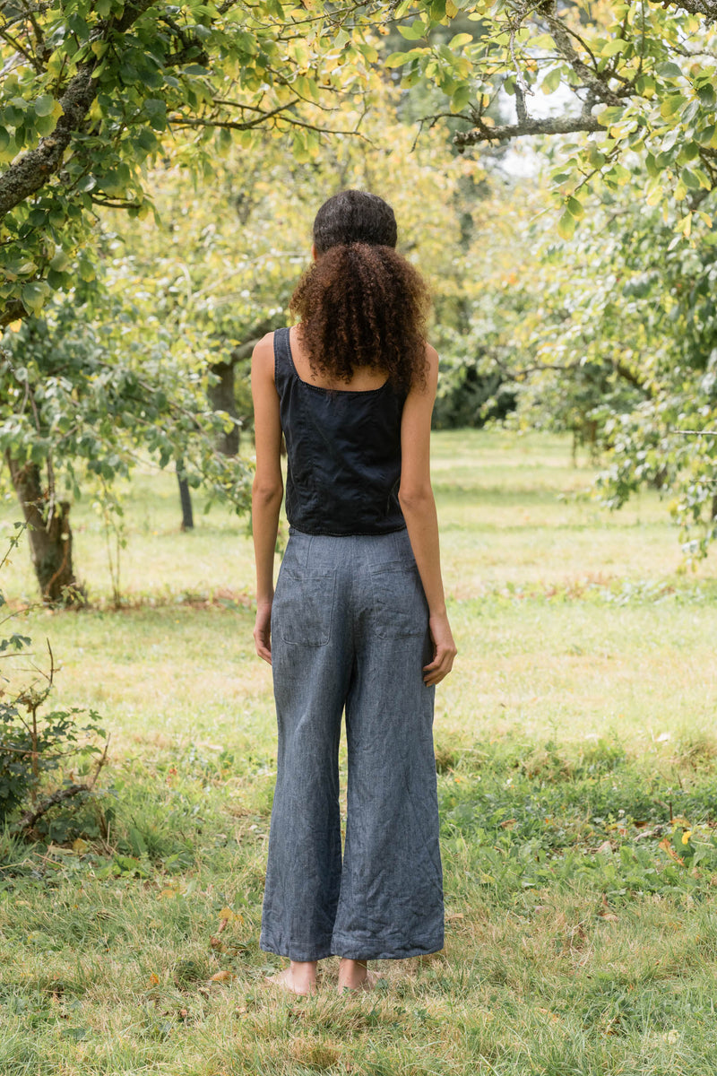 Sula clothing linen denim pants trouser jeans slouchy wide leg baggy drop crotch Small batch fashion apparel designer Boston boutique gift shop small business sowa 