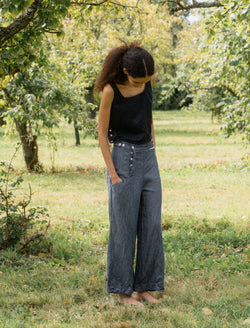 Sula clothing linen denim pants trouser jeans slouchy wide leg baggy drop crotch Small batch fashion apparel designer Boston boutique gift shop small business sowa 