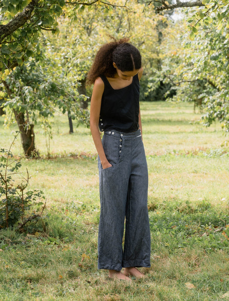 Sula clothing linen denim pants trouser jeans slouchy wide leg baggy drop crotch Small batch fashion apparel designer Boston boutique gift shop small business sowa 