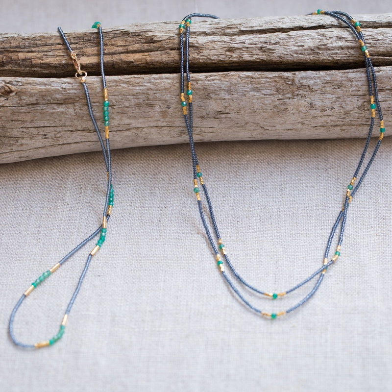 Blue Grey Seed Beads with Gold Vermeil  & Green Onyx Necklaces