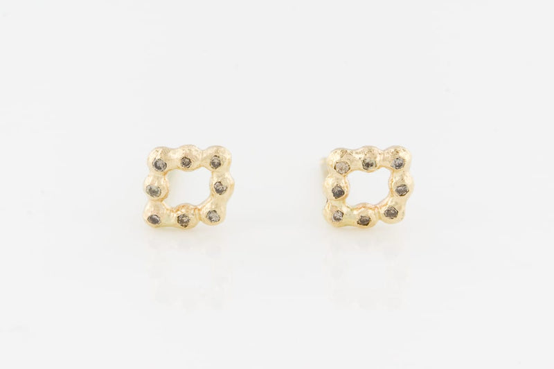 Small Lozenge 14K Gold Earring Studs with Brown Diamonds