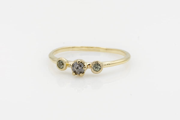 Ariko Jewelry 14K Gold Ring with Rose Cut Salt & Pepper Diamond and Green Sapphires Made in Brooklyn shop boston