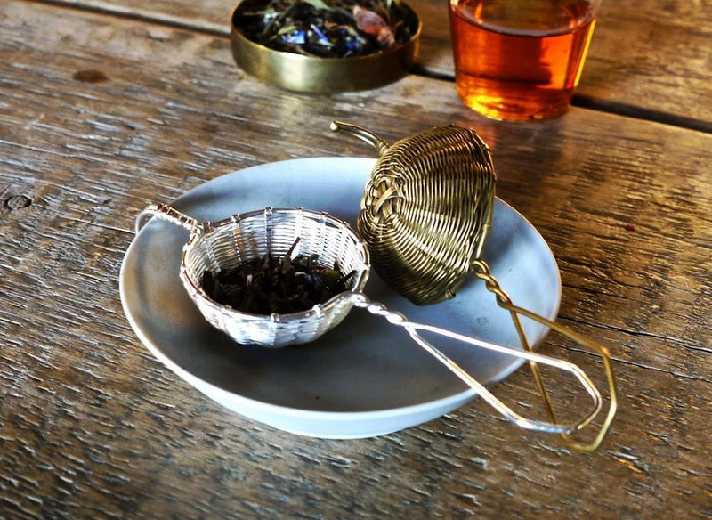 Bellocq brass tea strainer, designed to strain leaves from a larger pot into your cup. 