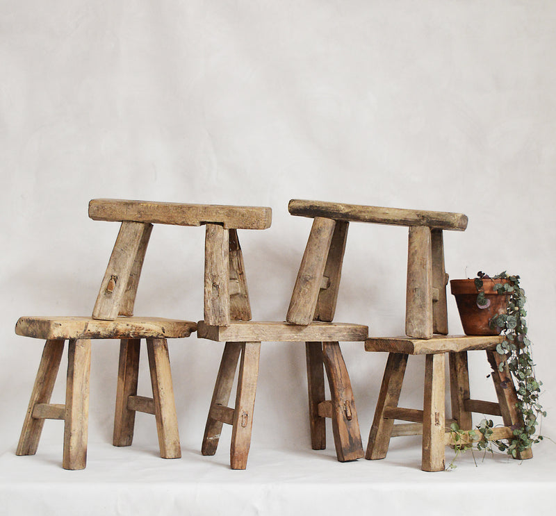We love the simplicity of these old Chinese wood stools which were built for farmers or workers to sit on.  They are ideal to display a special object or plant in your home, or for a child to sit on.   The stools were used so have marks of wear which we think only add character to each piece. Each is unique, even though they have a similar construction. 
