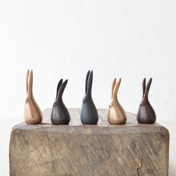 Tiny Japanese Hand made bronze rabbit sculptures symbols of good luck traditional lost wax method.
