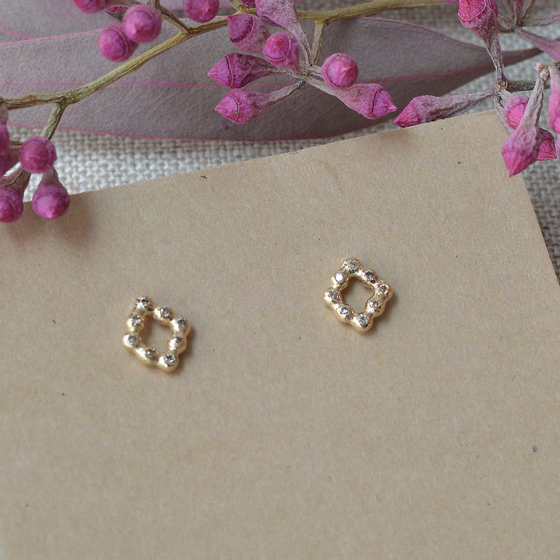 Small Lozenge 14K Gold Earring Studs with Brown Diamonds