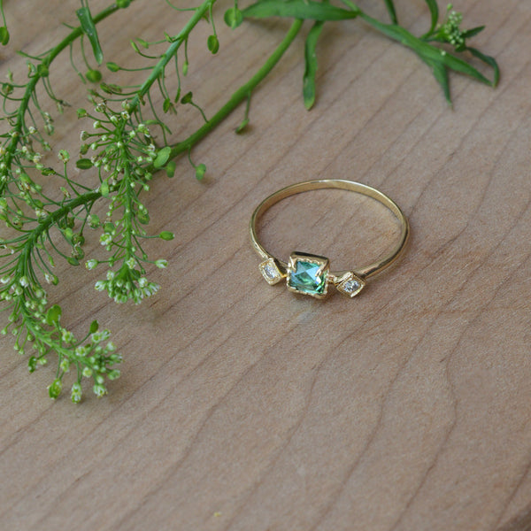 Ariko Jewelry 14K Gold Ring with Green Tourmaline and Diamonds Made in Brooklyn Boston Shop alternative wedding engagement ring