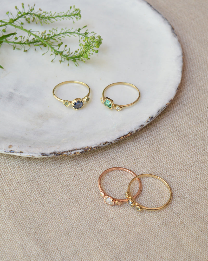 Ariko Jewelry 14K Gold Ring with Green Tourmaline and Diamonds Made in Brooklyn Boston Shop alternative wedding engagement ring