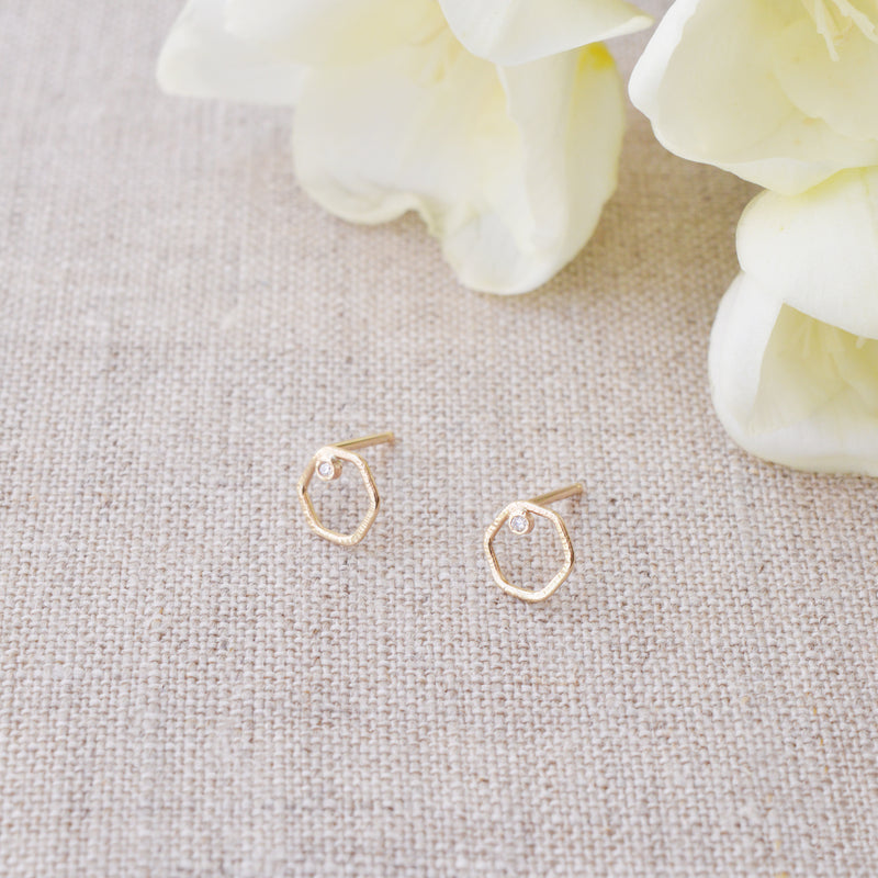 Ariko Jewelry14K Gold Hexagon earring studs with Diamond shop boston