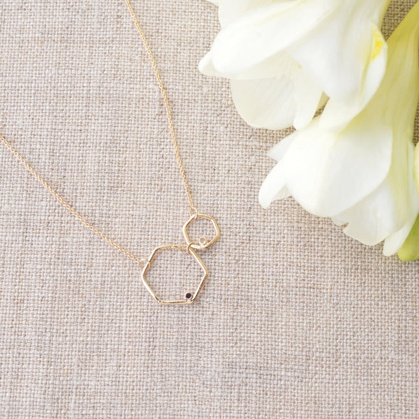 Ariko Jewelry14K Gold Hexagon Necklace with Sapphire and Diamond shop boston