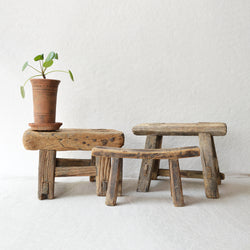 We love the simplicity of these old Chinese wood stools which were built for farmers or workers to sit on. They are ideal to display a special object or plant in your home, or for a child to sit on. The stools were used so have marks of wear which we think only add character to each piece. Each is unique, even though they have a similar construction.